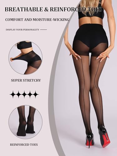 MERYLURE Vintage Style Backseam 20D Sheer Tights for Women Control Top Pantyhose Patterned Cuban Heel Stocking 2 Pairs4