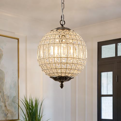 HUOKU Crystal Globe Chandelier, 12' Vintage Sphere Chandelier Crystal Pendant Light Fixture for...