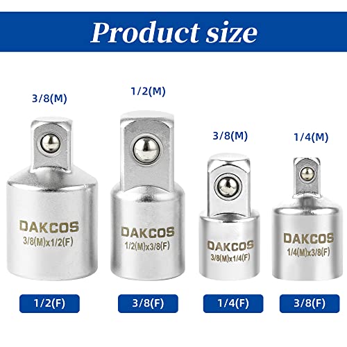 DAKCOS Socket Adapter Reducer Set, 4 Piece Socket Set, 1/2" to 3/8", 3/8" to 1/2",1/4" to 3/8" - Image 3