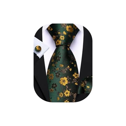 Barry.Wang Emerald Green Yellow Tie for Men Floral Silk Necktie Pocket Square Cufflinks Set Formal Business Wedding Party Prom Cover