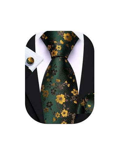 Barry.Wang Emerald Green Yellow Tie for Men Floral Silk Necktie Pocket Square Cufflinks Set Formal Business Wedding Party Prom