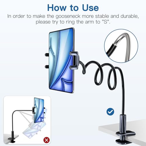 Uniwit Gooseneck Tablet Stand, iPad Holder Mount,Flexible Arm Clamp for Bed,Table,Desk,Compatible with iPad Pro Air Mini,Samsung Tablet,Kindle Fire,Switch,iPhone,Cellphone,for 4.7-12.9\" Devices. - Thumbnail 6