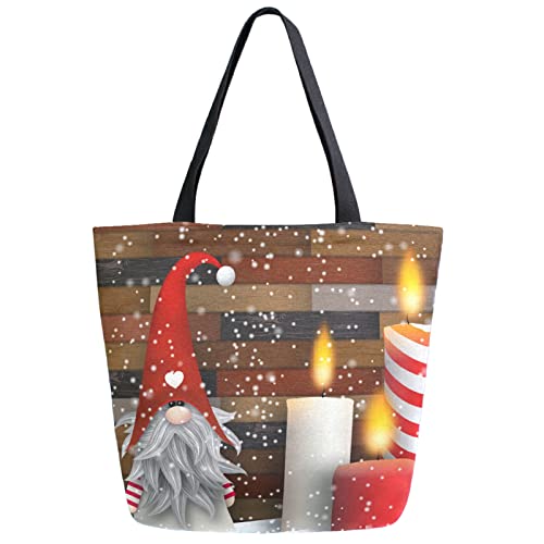 Christmas Snow Winter Gnome Candles Extra Large Canvas Shoulder Tote Storage Top Handle Bag for School Gym Weekender Beach Trave