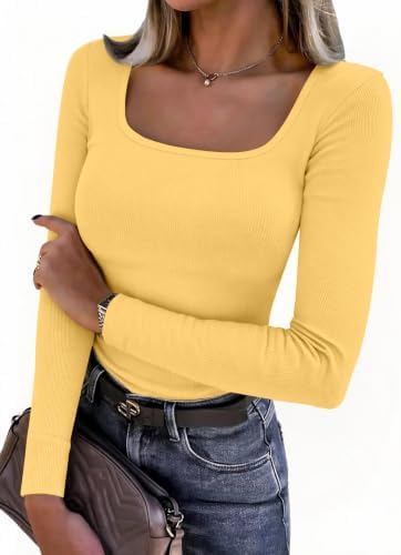 Aottori Langarmshirt Damen Eckiger Ausschnitt Gerippt Basic Shirt Langarm | Oberteile, Tops, Pullover Dünn, Slim Fit, Stretch, Eng, Sexy, Elegant, Casual, Einfarbig, für Herbst All