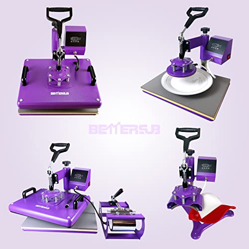 Bettersub Heat Press 12‘’ X15‘’ Combo 5 In 1 Heat Press Machine For T-Shirt Mug Hat Plate Cap Pattern Printing Heat Transfer Digital Industrial-Quality Sublimation Machine 360 Degree Swivel Purple #TOP1