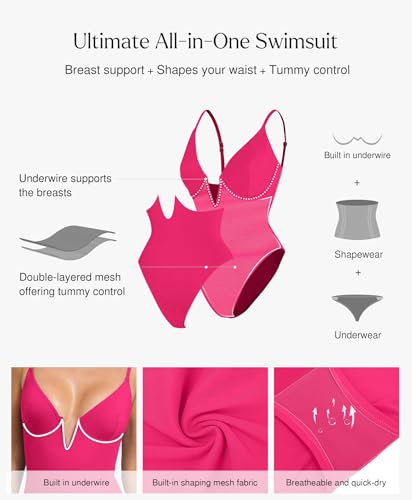 Image of Popilush One Piece Swimsuits for Women Tummy Control Deep V Neck Underwire Shapewear Swimsuit Summer Bathing Suits