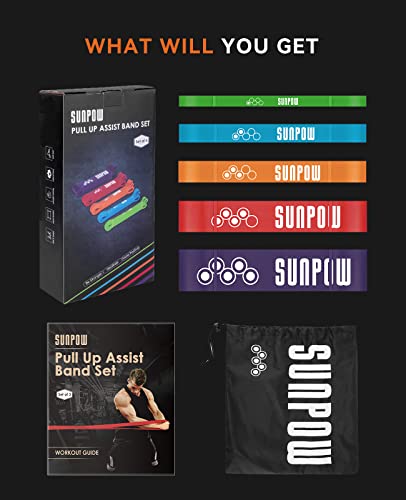 Sunpow Pull Up Assistance Bands - Set Of 5 Resistance Heavy Duty Workout Exercise Stretch Fitness Bands Assist Set For Body, Instruction Guide And Carry Bag Included #TOP6
