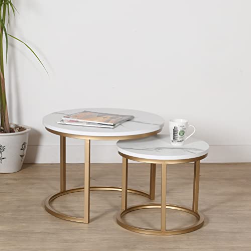 Image of Priti Coffee Table Set of 2: Golden with White Marble Finish Table Tops, Sturdy Metal Frame, MRN Inodedustrial Design - Ideal for Living Room, Bedroom, Apartment,