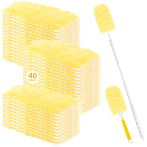 Heavy Duty Dusters Refills, Disposable Dusters Kit Compatible with Swiffer Handles, Multisurface Dusters+1 Extended Handle +1 Handle (Yellow, 360°)
