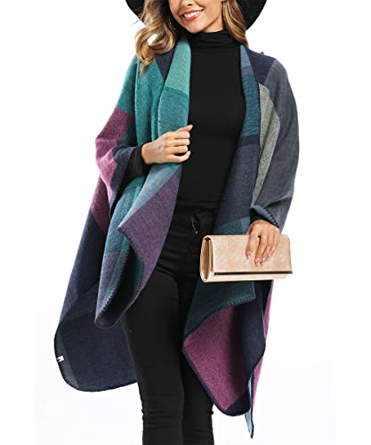 Envoltório de xale de bloco de cores feminino plus size cardigan poncho capa aberta frontal longo ca