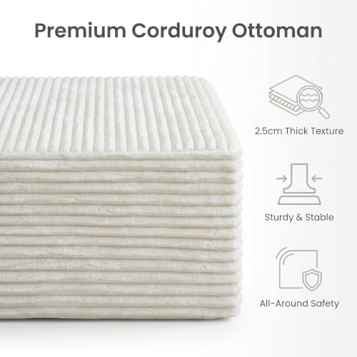 Image of 35.4 inch Corduroy Ottoman Foot Rest with Soft Memory Foam, White | Plush Pouf Compressed Footrest, Floor Foot Stool for Living Room, No Assembly Require