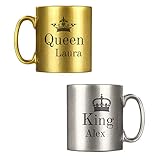 Personalisierte Partner-Tassen mit Namen | “King and Queen” | Metallic Gold & Silber | Zwei Kaffee-Becher mit personalisierten Wunsch-Namen | Qualitäts-Keramik, 2-Set | Kaffee-Tasse