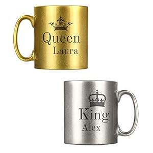 Personalisierte Partner-Tassen mit Namen | “King and Queen” | Metallic Gold & Silber | Zwei Kaffee-Becher mit…