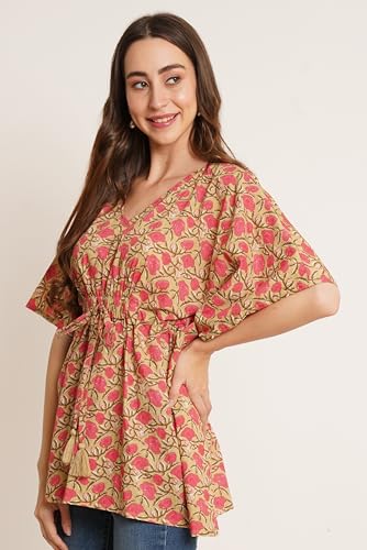Image of COTLAND Fashions Jaipuri Cotton Kimono Sleeves Printed Longline Kaftan Top for Women