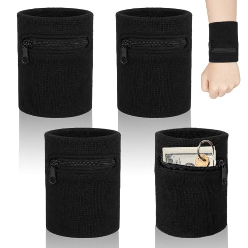 Lot de 4 bracelets anti-transpiration avec fermeture éclair pour homme | Bracelets de sport pour enfants pour argent, clés, bandeau respirant avec poche pour basketball, tennis, course à pied