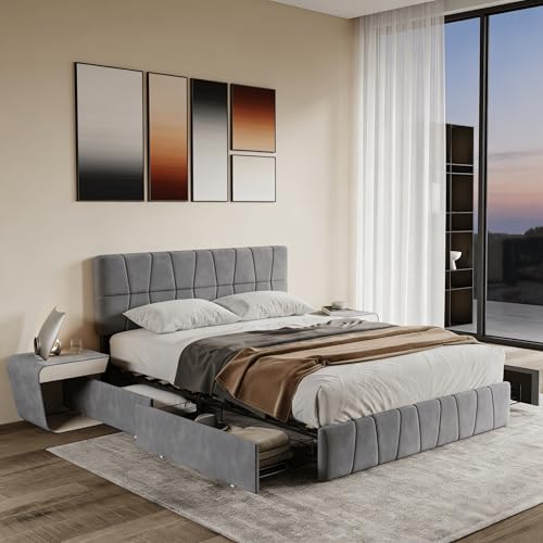 BRILVERDE Lit 160x200 cm avec sommier, Lit Rangement avec 4 tiroirs,Lit rembourré Gris Velours - Hauteur de tête de lit réglable, Forme géométrique, Gris