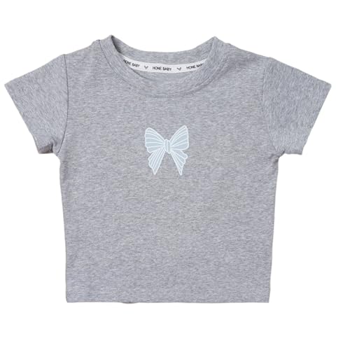 JEYPINMI Cute Crop Top for Kids Girls Summer T-Shirt Round Neck Shirts Bowknot Printed Basic Tees2