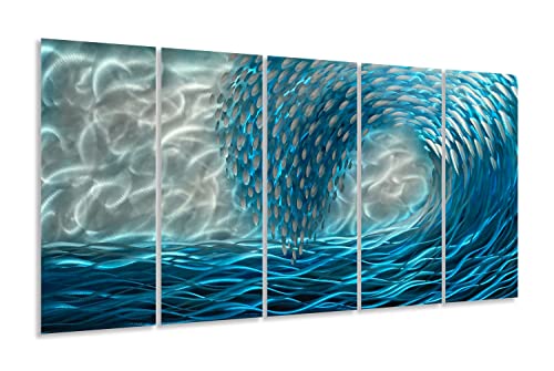 Yihui Arts Hand Crafted Blue Sea Wave 3D Metal Wall Art - Coastal 5 Panel Aluminum Sculpture For Big Abstract Office, Hallway, Fireplace, And Home Decor #TOP25