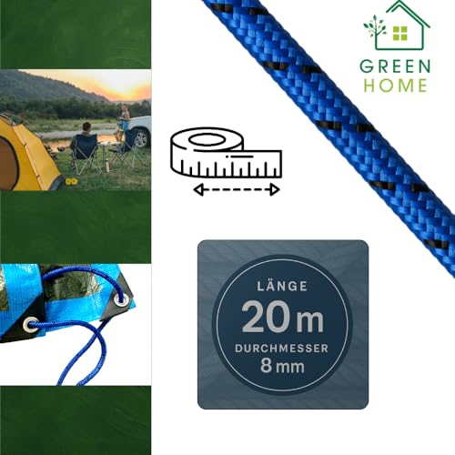GREEN HOME Seil 8 mm 20 m | grün-weiß | PP-Seil 8mm 20m | Robustes Polypropylenseil | 700 kg Bruchlast | Leicht zu reinigen, schwimmfähig & wetterfest | Ideal für Camping, Garten, Sport & Freizeit