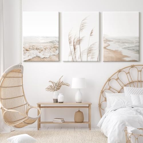 Joocrise Beach Wall Art Boho Prints Coastal Canvas Wall Art Beach Pictures Pampas Grass Ocean Poster Plant Landscape Scene Artwork for Living Room Bedroom Decor 24x36x3 Inch Wrapped Canvas - Image 6