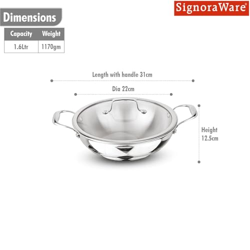 Image of Signoraware Artista Tri Ply Stainless Steel Shallow Kadhai 20cm with Glass Lid | Induction & Gas Compatible | Durable | Ideal for Stir Frying & Sauteing | Best for Curry & Gravies (1.6 LTR | Steel)