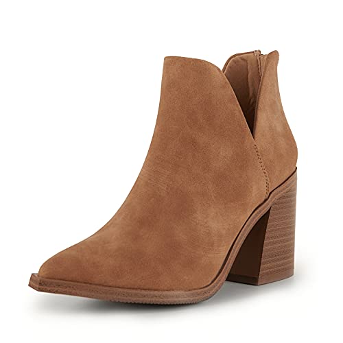 Kathemoi Womens Slip on Ankle Boots V Cutout Pointed Toe Chunky Stacked Mid Heel Booties