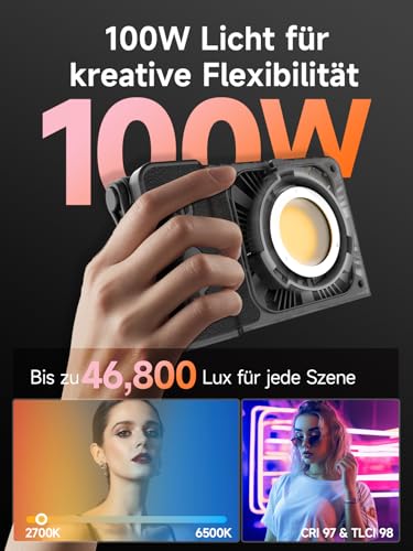 Rollei LUX 100W Bi-Color Professionelles LED-Dauerlicht Fotografie Candela-APP Smarte Bedienung, Fotolicht Ultraflach & Leicht | Duale Stromversorgung | Verstellbare Farbtemperatur 2700 – 6500K