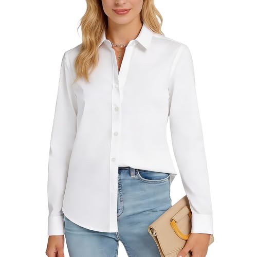 Image of BOYSSPAA Womens Long Sleeve Blouse Classic Button Down Shirt for Daily Office Wear V-Neck Loose Tops for Ladie (UK, Alpha, XS, Regular, Regular, White)