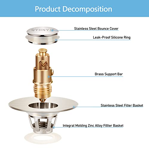 Image of QYHNYJF Bathroom Sink Stoppers Brushed Nickel - Pop Up Drain Stopper & Strainer, 2-in-1 Universal Sink Stopper for 1.1 inch to 1.5 inch Bathroom Sink Drain Pipes, Brushed Nickel Finish