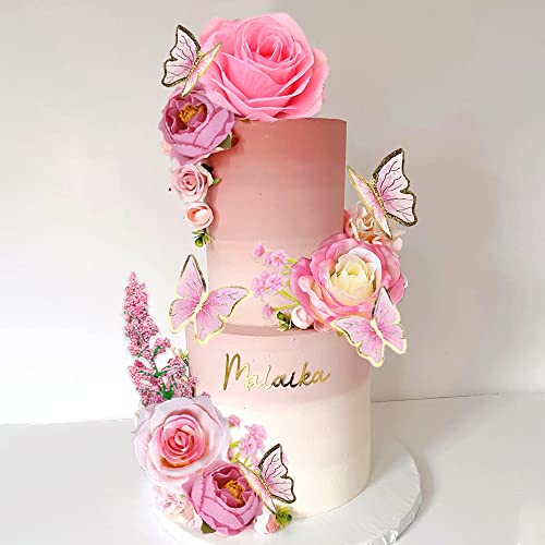 17 PCS Flower Cake Toppers Boho Cake Toppers Butterfly Cake Decorations with Light Artificial Roses Eucalyptus for Wedding Birthday Supplies (Light Pink) by DRWATE - Image 4