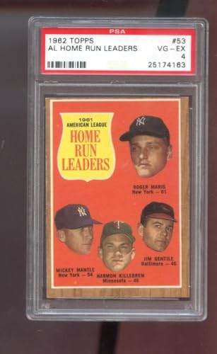 1962 Topps #53 AL Home Run Leaders Roger Maris Mickey Mantle PSA 4 Graded 61 HR - Baseball Slabbed Autographed Vintage Cards