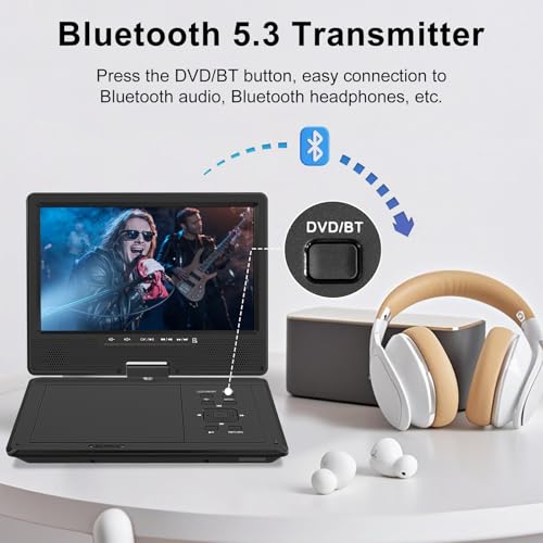 Image of HOPYOP 12.5 inch Portable DVD Player with Bluetooth, 10.1 inch Swivel Screen | 5 Hours Rechargeable Battery, Portable Kids DVD, Supports SD /USB /CD, Regions Free, Car Headrest