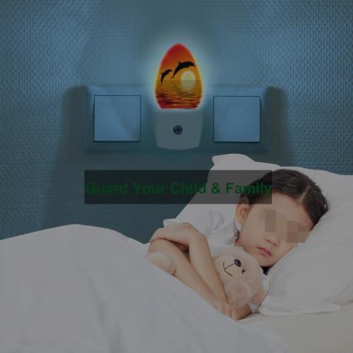 Image of Ocean Night Light Dolphins Jumping Sunset Sea Beach Plug-in Nightlight Energy Saving 0.5W LED Lighting for Boys Girls Men Women