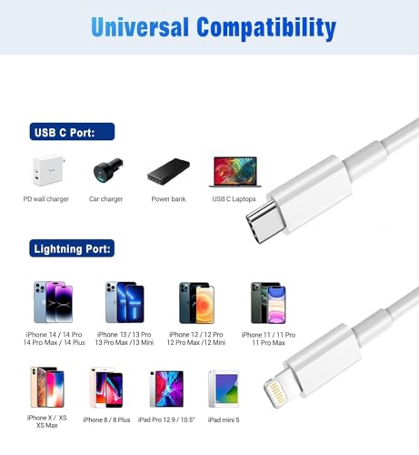 Cable USB C a Lightning para iPhone 14 y 13 con nailon trenzado de 6 pies blanco 7