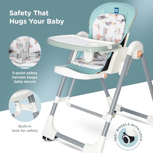 Image of Mee Mee Royal Rise 3-in-1 Baby Highchair with Swing Mode, Recline & Adjustable Height | Foldable Feeding Chair with 5-Point Safety Harness, Wheels & Removable Tray | 6 Months to 4 Years (Light Grey)