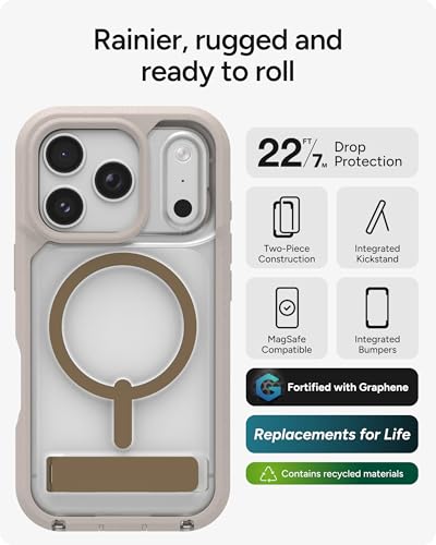 Image of ZAGG Rainier Case with Kickstand for iPhone 17 Pro - Gray Sandstone, Graphene 22ft (7m) Drop Protection, Lanyard Attach Points, MagSafe, Wireless Charging Compatible, 2-Piece Design, Phone Case