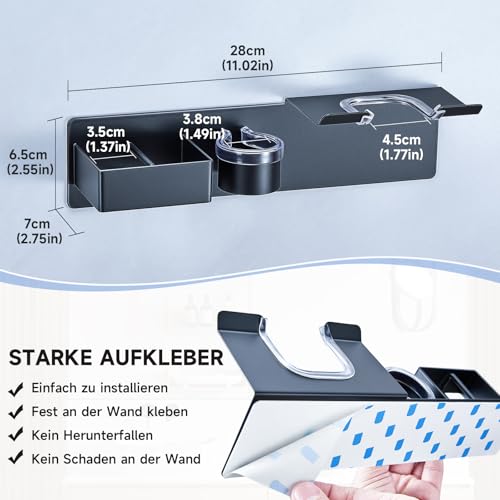 YYBO 3-in-1 Föhn Halterung für Föhn und Glätteisen & Lockenstab, Fönhalter Ohne Bohren, Föhnhalterung Bad Glätteisen Halterung Föhnhalter Wand Fönhalterung für Meisten Haartrockner (Schwarz)