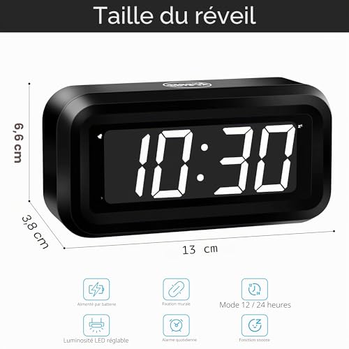 KWANWA Réveil Numérique, Horloge Numérique Pile,Reveil a Piles Luminosité Réglable, Snooze, 12/24H, Reveil Matin Non Ticking Reveil Gros Chiffres Enfants et Adultes EJ11 Affichage Blanc 11.5x8x6.6 – vue 2