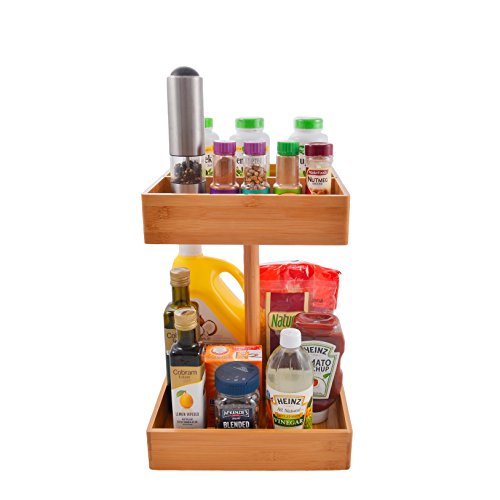 Refine Bamboo Kitchen and Snack Organizer. 360 rotating, 2 tier high capacity wooden storage rack. Great for condiments, seasonings, spices, tea bags, bottles, cans, snacks
