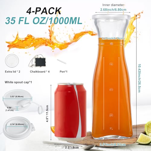 Ritayedet Glass Carafe, 1 Liter Carafe for Mimosa Bar, 4 Pcs, Square Pitcher with Lid and Spout, Drink Dispenser for Parties, Cold Water, Milk, Juice Container, Tea, Wine, Cocktails (6 Lids & 1 Spout) by Ritayedet - Image 3