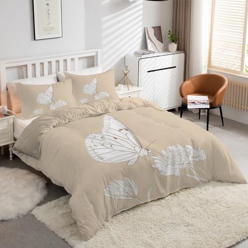 Housse de couette 220x240 papillon et fleurs avec 2 taies d'oreiller pour lit double