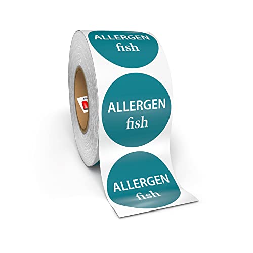 Kenco Allergen Warning Stickers - 1" Circle Label, 1,000 Allergy Warning Labels Per Roll in Universal Allergy Awareness Colorway (6 Pack, Fish)