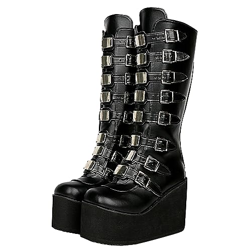 Image of Parisuit Women's Knee High Goth Platform Boots Lace Up Combat Boots | Chunky High Heel, Buckle Boots, Punk Chain Boots