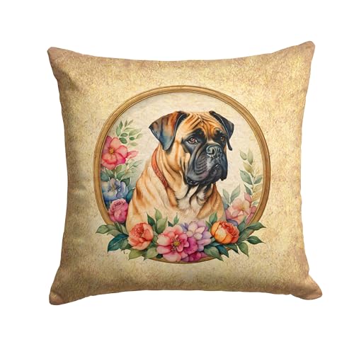 Caroline's Treasures DAC2110PW1414 Bullmastiff and Flowers Fabric Decorative Pillow Machine Washable, Indoor Outdoor Decorative Pillow for Couch, Bed or Patio, 14Hx14W