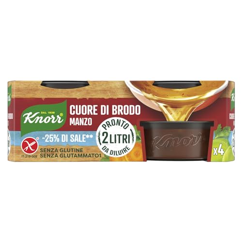Knorr Cuore di Brodo Manzo, Brodo Pronto con -25% di Sale, Ingredienti Naturali e Verdure da Agricoltura Sostenibile, 4 Vaschette da 28g