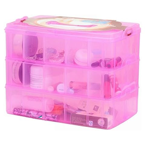 DJUNXYAN 3-Tier 30 Sections Transparent Stackable Adjustable Compartment Slot Plastic Craft Storage Box Organizer for Toy Desktop Jewelry Accessory Drawer Or Kitchen 4 Colors 3 Sizes(Large Pink) Cover