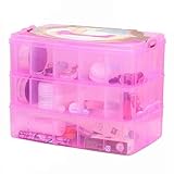 DJUNXYAN 3-Tier 30 Sections Transparent Stackable Adjustable Compartment Slot Plastic Craft Storage Box Organizer for Toy Desktop Jewelry Accessory Drawer Or Kitchen 4 Colors 3 Sizes(Large Pink)