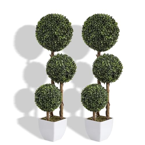 Damomo Artificial Boxwood Ball Topiaries Trees, Outdoor 3ft Fake Topiary Triple Ball Boxwood Tree...