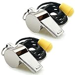 Hipat Sifflet, Lot de 2 sifflets de sport en acier inoxydable avec cordon, sifflets à son fort et net, parfaits pour les entraîneurs, les arbitres et les officiels (Argent (acier inoxydable))