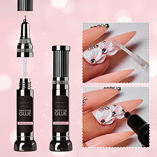 Makartt Upgrade 2Pcs Nail Rhinestone Glue Gel With Brush & Pen Tip, Super Strong Adhesive Nail Art Glue Gel For Nail Decorations 3D Gems Stones Charms Flowers Clear Nail Glue Valentine's Day Gift 8Ml #TOP2